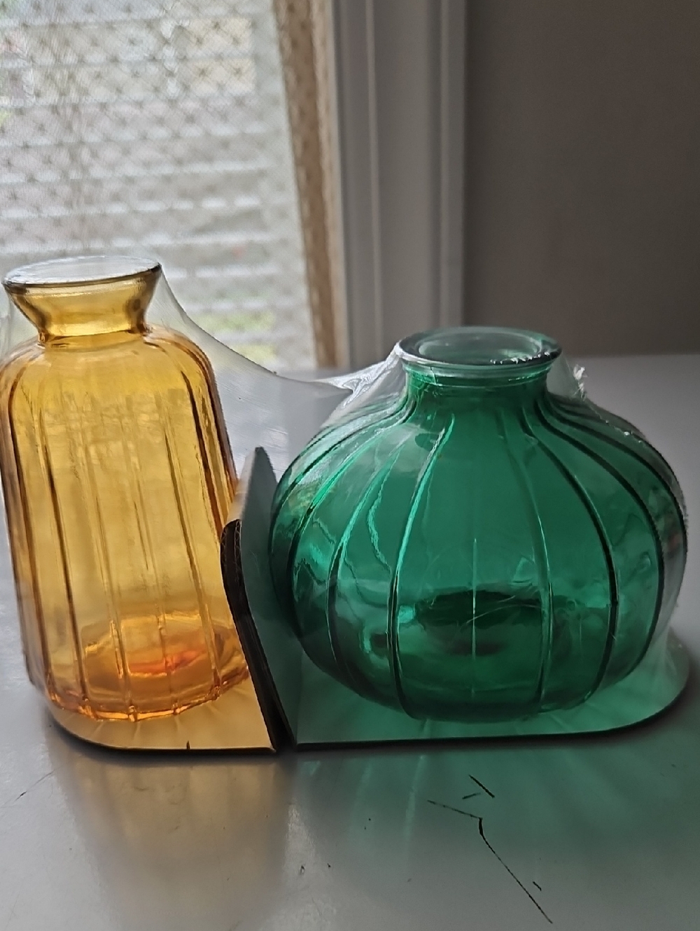 Celebrate It Amber and Teal Ribbed Glass Vase Duo